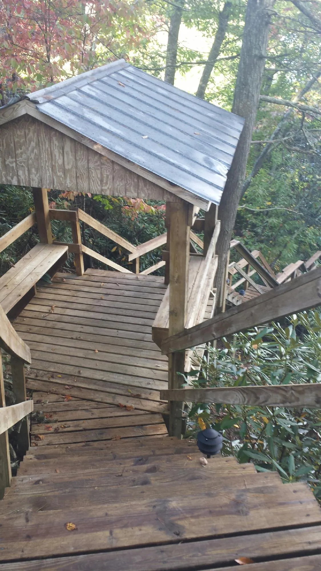Metal roofed shelter over wooden steps on a wooded walkway — Skylight Repair & Installation work by our crew in Norlina